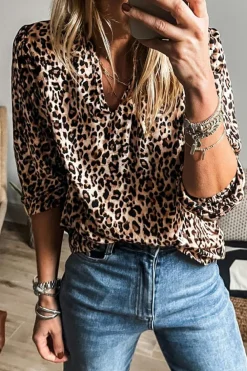 Outlet Dear-Lover Leopard V Neck Half Sleeve Blouse Apricot