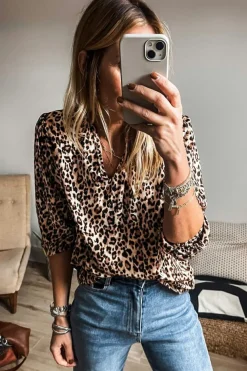 Outlet Dear-Lover Leopard V Neck Half Sleeve Blouse Apricot