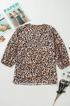 Outlet Dear-Lover Leopard V Neck Half Sleeve Blouse Apricot