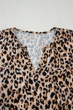 Outlet Dear-Lover Leopard V Neck Half Sleeve Blouse Apricot