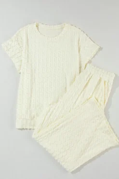 Hot Dear-Lover Metallic Lattice Textured Casual Two Piece Set Apricot