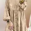 New Dear-Lover Metallic Sheen Puff Sleeve Button Up Mini Shirt Dress Apricot