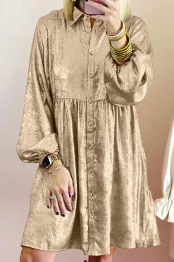 New Dear-Lover Metallic Sheen Puff Sleeve Button Up Mini Shirt Dress Apricot
