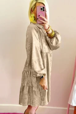 New Dear-Lover Metallic Sheen Puff Sleeve Button Up Mini Shirt Dress Apricot