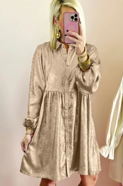 New Dear-Lover Metallic Sheen Puff Sleeve Button Up Mini Shirt Dress Apricot