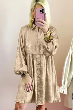 New Dear-Lover Metallic Sheen Puff Sleeve Button Up Mini Shirt Dress Apricot