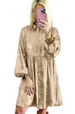 New Dear-Lover Metallic Sheen Puff Sleeve Button Up Mini Shirt Dress Apricot