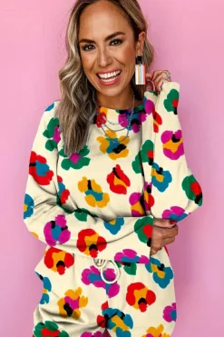 Clearance Dear-Lover Multicolor Leopard Printed Long Sleeve Top Two Piece Shorts Set Apricot