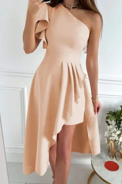 Best Dear-Lover One Shoulder Ruffle Sleeve Wrap Slit Dress Apricot