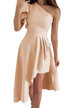 Best Dear-Lover One Shoulder Ruffle Sleeve Wrap Slit Dress Apricot