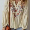 Fashion Dear-Lover Paisley Floral Embroidered Notch V Neck Blouse Apricot