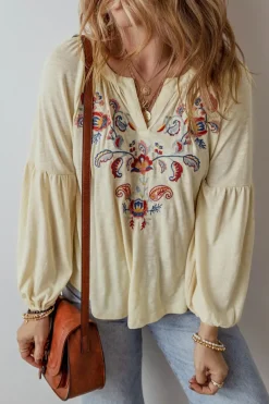 Fashion Dear-Lover Paisley Floral Embroidered Notch V Neck Blouse Apricot