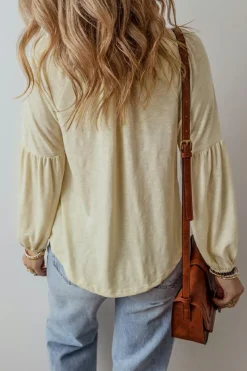 Fashion Dear-Lover Paisley Floral Embroidered Notch V Neck Blouse Apricot