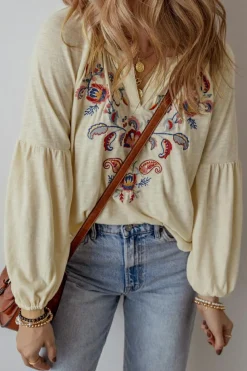 Fashion Dear-Lover Paisley Floral Embroidered Notch V Neck Blouse Apricot