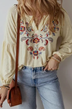 Fashion Dear-Lover Paisley Floral Embroidered Notch V Neck Blouse Apricot
