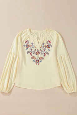 Fashion Dear-Lover Paisley Floral Embroidered Notch V Neck Blouse Apricot