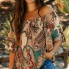 Discount Dear-Lover Paisley Printed Shirred Off Shoulder Ruffled Draped Sleeve Blouse Apricot