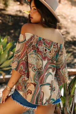 Discount Dear-Lover Paisley Printed Shirred Off Shoulder Ruffled Draped Sleeve Blouse Apricot