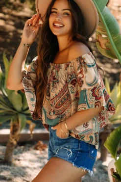 Discount Dear-Lover Paisley Printed Shirred Off Shoulder Ruffled Draped Sleeve Blouse Apricot
