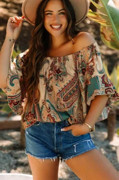 Discount Dear-Lover Paisley Printed Shirred Off Shoulder Ruffled Draped Sleeve Blouse Apricot