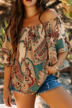 Discount Dear-Lover Paisley Printed Shirred Off Shoulder Ruffled Draped Sleeve Blouse Apricot