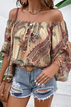 Discount Dear-Lover Paisley Printed Shirred Off Shoulder Ruffled Draped Sleeve Blouse Apricot