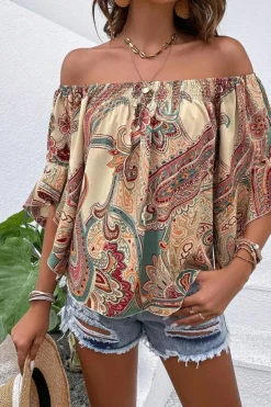 Discount Dear-Lover Paisley Printed Shirred Off Shoulder Ruffled Draped Sleeve Blouse Apricot