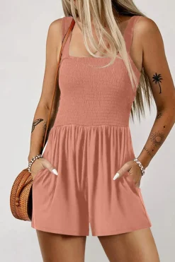 Hot Dear-Lover Casual Pocketed Smocked Sleeveless Romper Apricot Pink