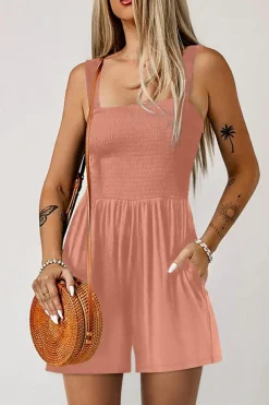 Hot Dear-Lover Casual Pocketed Smocked Sleeveless Romper Apricot Pink