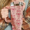 Best Dear-Lover Cherry Bowknot Stylish Large Tumbler with Handle 40oz Apricot Pink