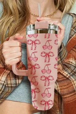 Best Dear-Lover Cherry Bowknot Stylish Large Tumbler with Handle 40oz Apricot Pink