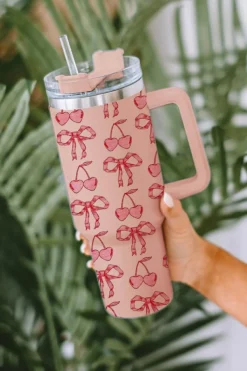 Best Dear-Lover Cherry Bowknot Stylish Large Tumbler with Handle 40oz Apricot Pink
