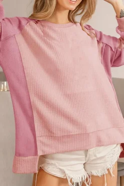Outlet Dear-Lover Color Block Waffle High Low Raglan Sleeve Sweatshirt Apricot Pink