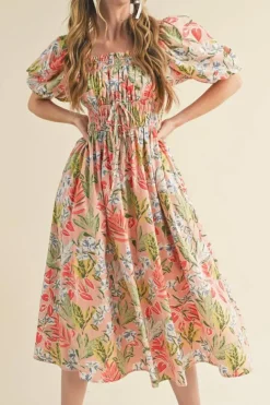 Hot Dear-Lover Floral Smocked Bust Bubble Short Sleeve Maxi Dress Apricot Pink