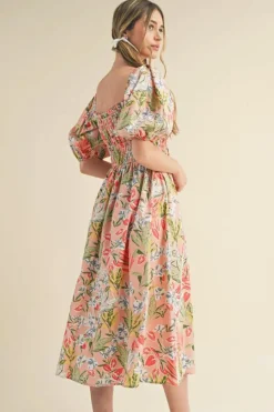 Hot Dear-Lover Floral Smocked Bust Bubble Short Sleeve Maxi Dress Apricot Pink