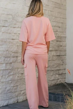 Hot Dear-Lover Half Sleeve T-Shirt & Cargo Sweatpants Set Apricot Pink