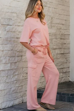 Hot Dear-Lover Half Sleeve T-Shirt & Cargo Sweatpants Set Apricot Pink