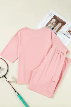 Hot Dear-Lover Half Sleeve T-Shirt & Cargo Sweatpants Set Apricot Pink