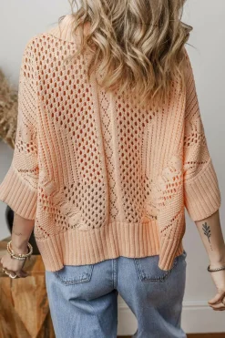 Online Dear-Lover Hollowed Knit 3/4 Dolman Sleeve Buttoned Collared Sweater Apricot Pink