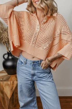 Online Dear-Lover Hollowed Knit 3/4 Dolman Sleeve Buttoned Collared Sweater Apricot Pink