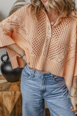 Online Dear-Lover Hollowed Knit 3/4 Dolman Sleeve Buttoned Collared Sweater Apricot Pink