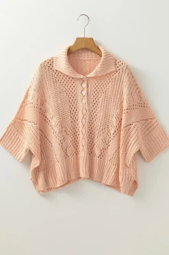 Online Dear-Lover Hollowed Knit 3/4 Dolman Sleeve Buttoned Collared Sweater Apricot Pink