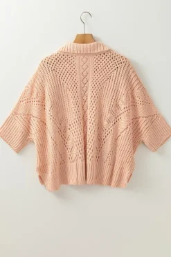 Online Dear-Lover Hollowed Knit 3/4 Dolman Sleeve Buttoned Collared Sweater Apricot Pink