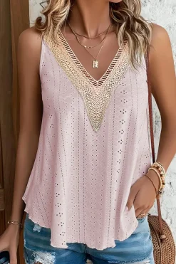 Outlet Dear-Lover Lace Crochet Splicing V Neck Loose Fit Tank Top Apricot Pink