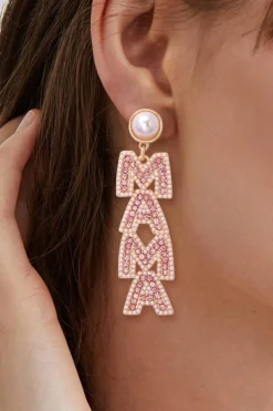 Hot Dear-Lover MAMA Rhinestone Pearl Dangle Stud Earrings Apricot Pink