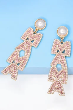 Hot Dear-Lover MAMA Rhinestone Pearl Dangle Stud Earrings Apricot Pink