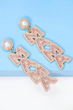Hot Dear-Lover MAMA Rhinestone Pearl Dangle Stud Earrings Apricot Pink