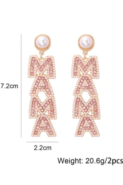 Hot Dear-Lover MAMA Rhinestone Pearl Dangle Stud Earrings Apricot Pink
