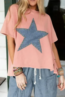 New Dear-Lover Mineral Wash Studded Star Patch Graphic High Low Tee Apricot Pink