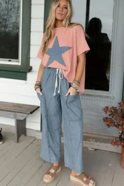 New Dear-Lover Mineral Wash Studded Star Patch Graphic High Low Tee Apricot Pink